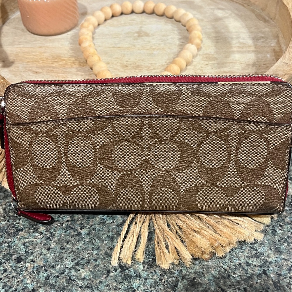 Coach Signature Canvas Zip-Around Wallet in Brown with Red Trim - Picture 2 of 4